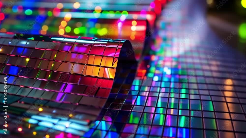 Poster vibrant and colorful reflective surfaces create mesmerizing visual effect, blending light and color 