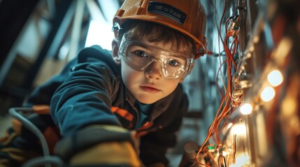 Child engineer working on electrical system