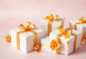 Obraz premium Elegant white gift boxes adorned with golden bows, pastel background, box, white