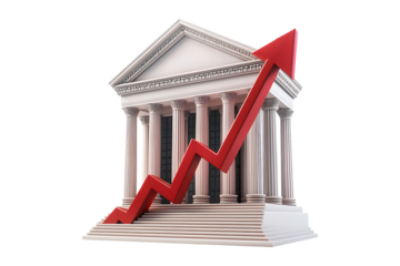 Bank building with a large red arrow pointing downward isolated on transparent background
