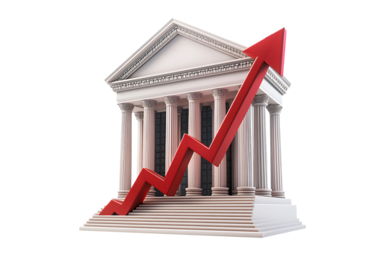 Bank building with a large red arrow pointing downward isolated on transparent background
