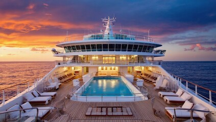 The luxurious cruise ship glides across the sparkling waters, featuring a stunning pool area with comfortable loungers, inviting guests to relax and enjoy the evening beauty and peaceful ocean views
