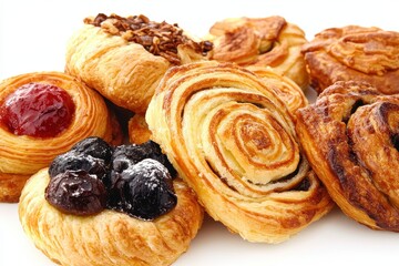 Assorted pastries including fruit danishes and cinnamon rolls on a white background