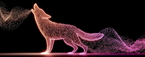 Fototapeta premium A glowing, digital outline of a howling wolf made of vibrant, colorful particles against a black background.