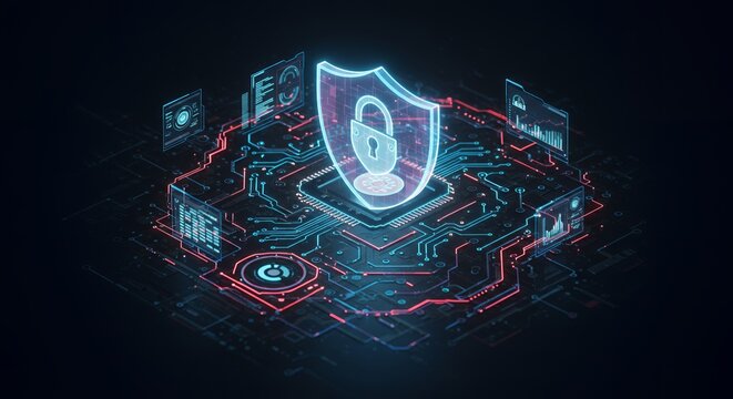 Futuristic cybersecurity concept featuring a glowing shield with a padlock icon, representing data protection and digital security on a circuit board background