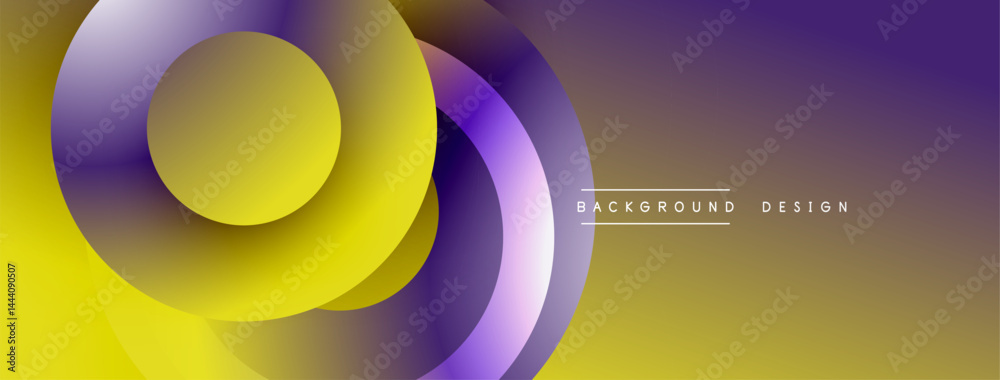 Fototapete Abstract overlapping circles create dynamic gradient background. Purple, yellow hues blend smoothly, modern design element.