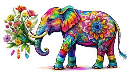 Fototapeta premium Vibrant Ornate Elephant Majestically Carries a Bouquet of Multicolored Flowers, a Symbol of Joy and Celebration