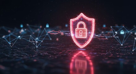 Futuristic digital cyber security concept with a glowing shield and padlock representing data protection and network safety, with interconnected lines and nodes.