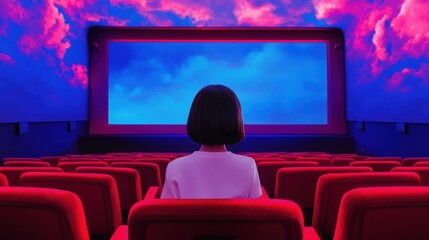 Fototapeta premium People in the cinema auditorium with Cinema blank wide screen and red chairs in the cinema hall,People silhouettes watching movie performance,empty white screen,space for text,copy space.