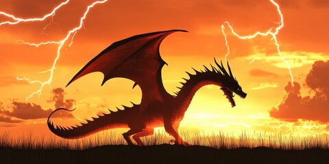Majestic dragon silhouette against a fiery sunset and powerful storm.