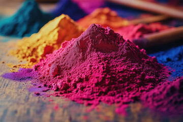 Fototapeta premium Colorful piles of powdered pigments, various shades of vibrant hues. Small mounds of vibrant dry color, natural dyes