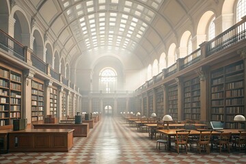 Abstract blurred empty college library interior space. Blurry classroom with bookshelves by defocused effect - generated by ai