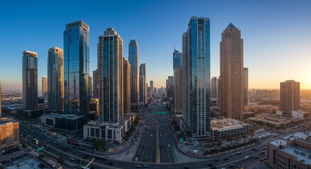 Obraz premium High-angle panoramic view of a modern city skyline with towering skyscrapers, a wide highway filled with traffic, and a clear blue sky at sunset