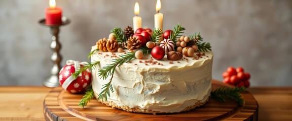 Gluten-free cake centerpiece, festive treats, candles, wooden board, empty space,  wheatfree,  foodie