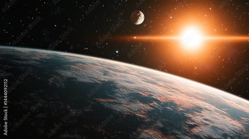 Wall mural stunning space scene bright star planet moon cosmic background universe exploration sky art dark vie