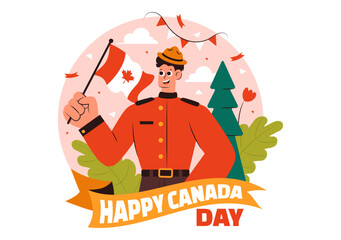 Happy Canada Day Vector Illustration Celebrating July 1st Featuring a Waving Canadian Flag and Ribbon in a National Holiday Flat Cartoon Background