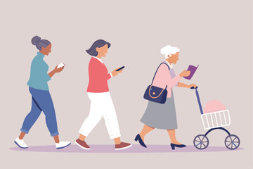 Create a modern, seamless vector pattern featuring diverse older women engaging in various daily activities like gardening, reading, and socializing.