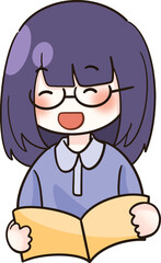 A cartoon of a purple-haired girl reading a book with a smile.