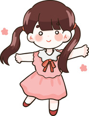 Cartoon of a girl in a pink dress with brown sheep hair tied up