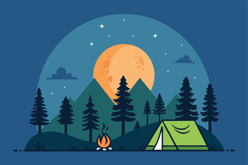 Fototapeta premium Serene moonrise illuminating a tranquil campsite nestled in rolling hills, showcasing a picturesque night scene.