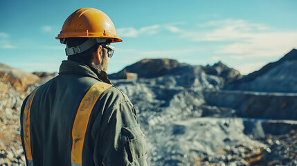 Miner in Hard Hat Overlooking Quarry