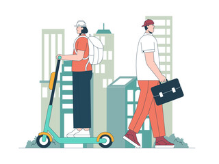 People riding scooter. Commuter illustration. Flat vector illustration concept.