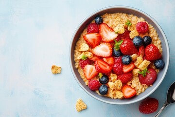 Colorful bowl of oatmeal topped with fresh berries and cereal on a light blue background