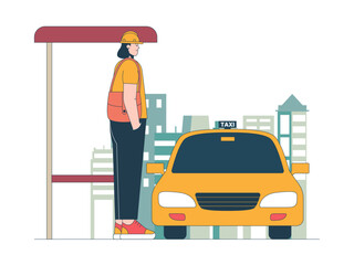 Girl waiting public transportation. Commuter illustration. Flat vector illustration concept.
