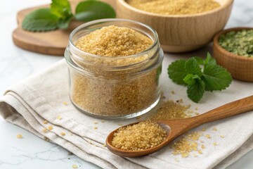 Close up of monk fruit sweetener in glass jar with wooden spoon. This natural sweetener offers healthy alternative to sugar, perfect for various recipes - generated by ai