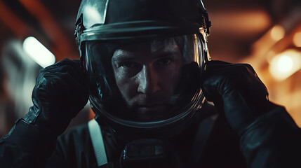 Man in Protective Gear Adjusting Helmet