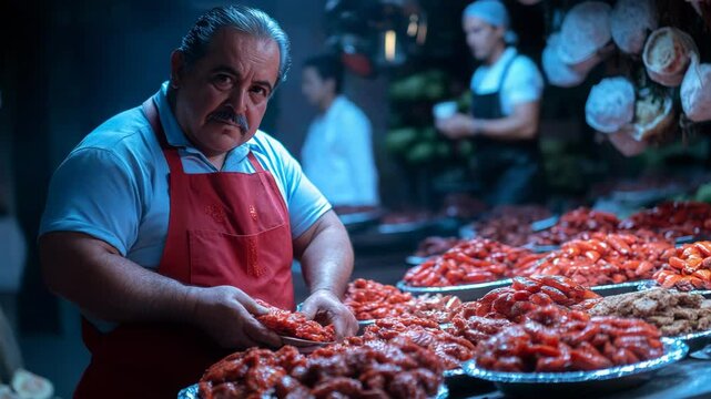 Master Butcher's Craft: A seasoned butcher meticulously arranges a vibrant array of freshly prepared meat, bathed in soft light, within a bustling local market, showcasing skill.