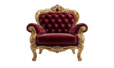 Luxury throne chair red velvet gold trim royal furniture ornate armchair seat isolated on transparent background