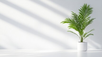 A lush green potted plant standing in a minimalist white room, sunlight streaming through creating soft shadows, and serene indoor decor concept.