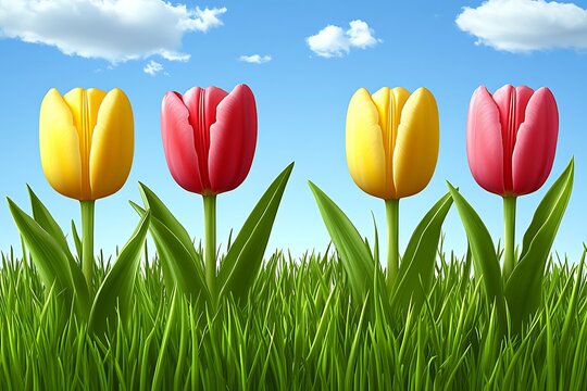 Four tulips in vibrant colors, blooming in a grassy field under a clear sky