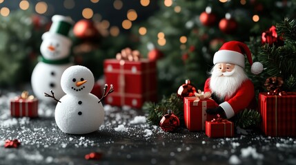 Fototapeta premium Santa Claus decorating a red gift box surrounded by snowmen, a Christmas tree, and twinkling lights for a joyful holiday celebration atmosphere