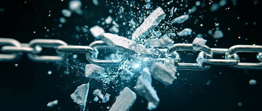 Shattered Chains: A compelling visual narrative of strength, breaking free from restrictions. Featuring the moment chains give way, rendered in a highly detailed and impactful style. 