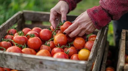 A close-up of a womanâ€™s hands filling a wooden crate with plump, juicy tomatoes, carefully harvested from the eco farm in the autumn season.