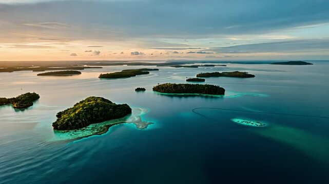 Aerial Sunset Over Serene Tropical Islands Tranquil Landscape of Lush Greenery, Calm Ocean Waters, and Vibrant Sky in Natures Embrace