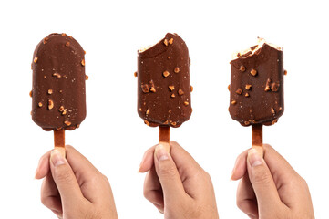 Hand holding ice cream glazes with chocolate isolated on white background.