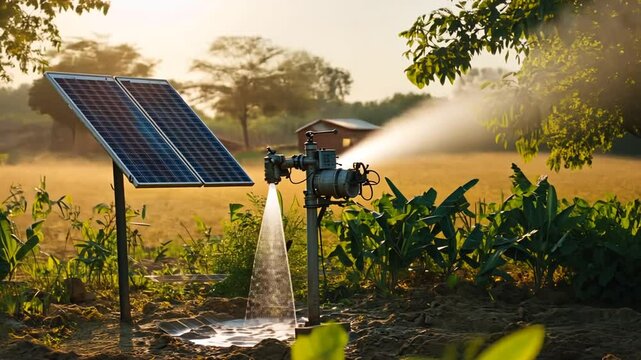 Sustainable agriculture concept: Solar powered water pump irrigating farmland in summer