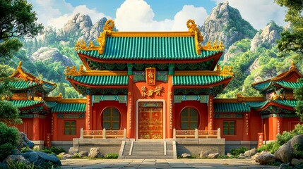 Obraz premium Serene Chinese Temple in Mountain Landscape