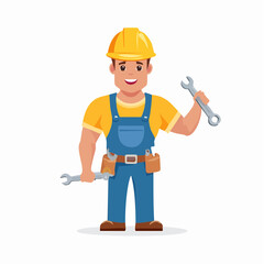 Fototapeta premium Construction Worker Vector Illustration – Male Character in Safety Helmet and Vest Holding Tools – Flat Style Labor Concept