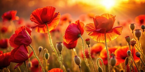 Fototapeta premium Golden Hour Poppy Field Vibrant Red Blooms Illuminated by the Setting Sun's Rays