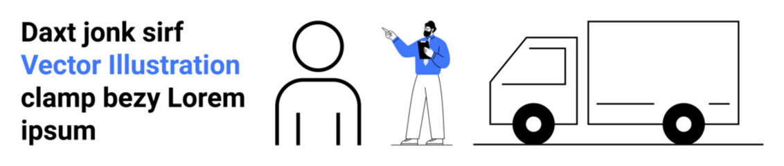 Delivery truck beside professional holding clipboard, abstract user icon. Ideal for logistics, e-commerce, customer service, management, transportation, delivery apps, simple landing page