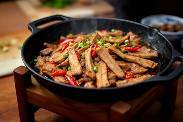 Fototapeta premium Spicy Stir-Fried Tofu in Cast Iron Pan: Asian Cuisine, Vegetarian Meal, Chili Peppers, Green Onions, Close-Up Food Photography, Authentic Dish