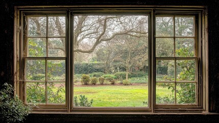 Serene Garden View from Vintage Window