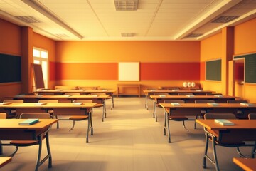 School classroom in blur background without young student. Blurry view of elementary class room no kid or teacher with chairs and tables in campus. Back to school concept