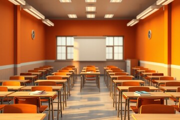 School classroom in blur background without young student. Blurry view of elementary class room no kid or teacher with chairs and tables in campus. Back to school concept