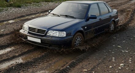 Car Stuck in Mud - A dark blue sedan is stuck in a muddy road, wheels spinning in the deep mud