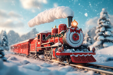 Festive steam train adorned with holiday decorations travels through a snowy landscape